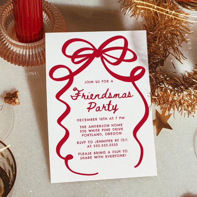 Invitación Amigos de la fiesta de Navidad Whimsical Red Bow F (Subido por el creador)