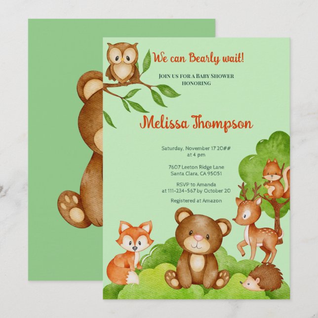 Invitación Amigos de moda de Woodland Forest: Animals Baby Sh (Anverso / Reverso)