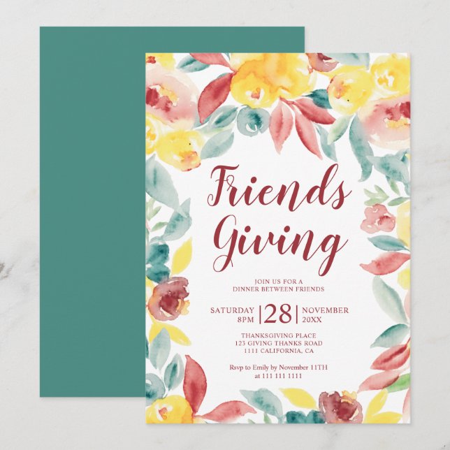 Invitación Amigos de otoño dando gracias a las acuarelas flor (Anverso / Reverso)