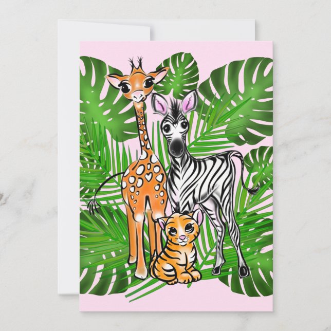 Invitación Amigos de Safari, jirafa, cebra, tigre, hojas de p (Anverso)