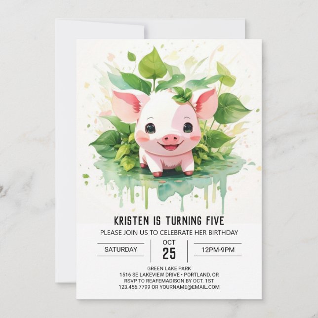 Invitación Amigos de Sweet Farmyard Boho Pig Chica Cumpleaños (Anverso)