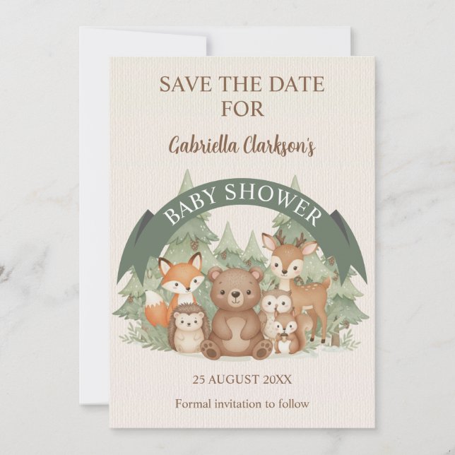 Invitación Amigos de Woodland Baby Shower Salven la fecha (Anverso)