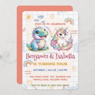 Invitación Amigos del arco iris de los dinosaurios de Cute un