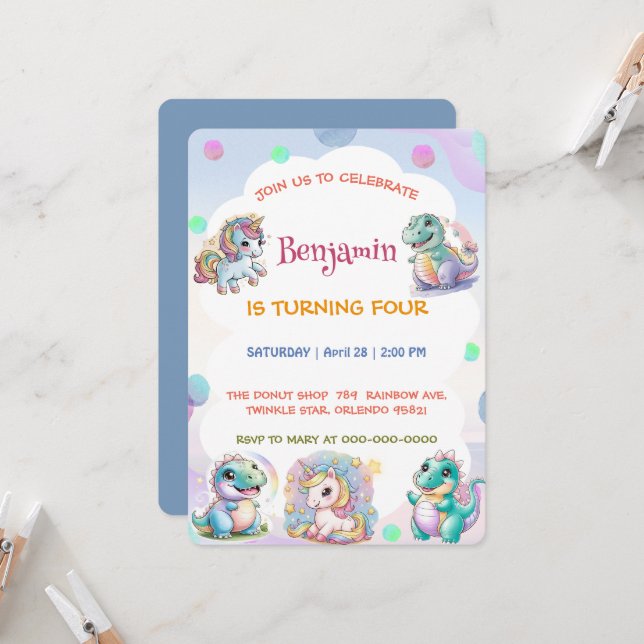 Invitación Amigos del arco iris de los dinosaurios de Cute un (Anverso/Reverso In Situ)