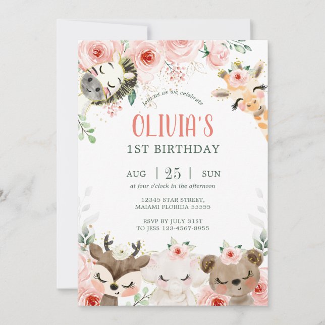 Invitación Amigos del bosque de Woodland cumpleaños floral ro (Anverso)