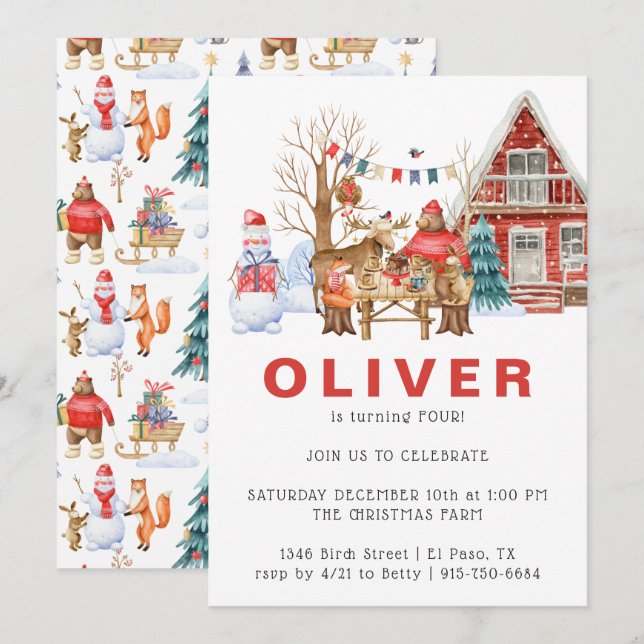 Invitación Amigos del bosque en invierno | Fiesta de cumpleañ (Anverso / Reverso)