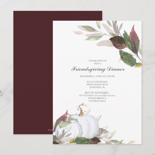 Invitación Amigos del PUMPKIN BLANCO otoño cenando (Anverso / Reverso)