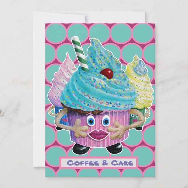 Invitación Amigos divertidos y familiares, pastel y café (Anverso)