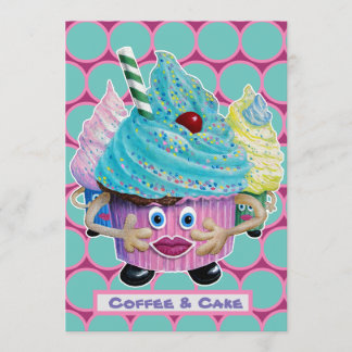 Invitación Amigos divertidos y familiares, pastel y café