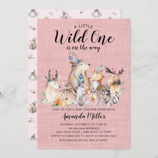 Invitación Amigos rusos de Woodland Wild One Chicas Baby Show (Anverso / Reverso)