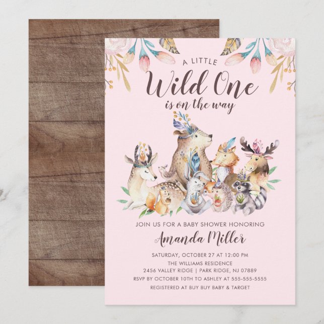 Invitación Amigos rusos de Woodland Wild One Chicas Baby Show (Anverso / Reverso)