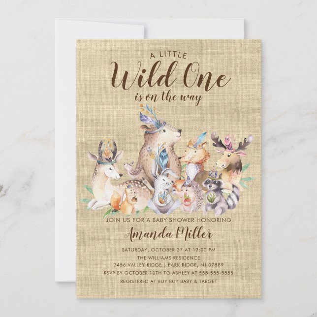 Invitación Amigos rústicos de Woodland Wild One Baby Shower (Anverso)