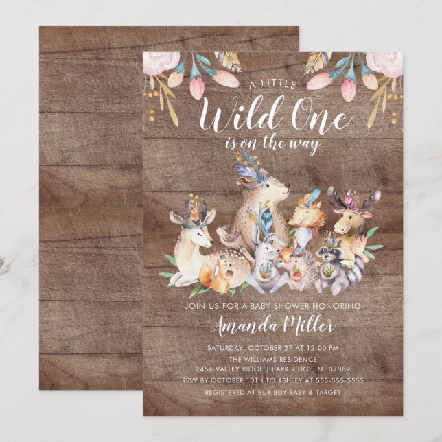 Invitación Amigos rústicos de Woodland Wild One Baby Shower (Anverso / Reverso)