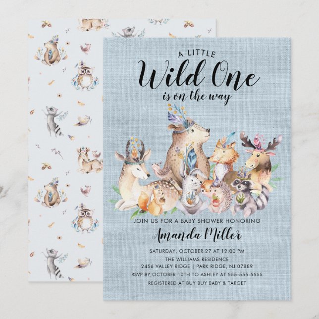 Invitación Amigos rústicos de Woodland Wild One Baby Shower (Anverso / Reverso)