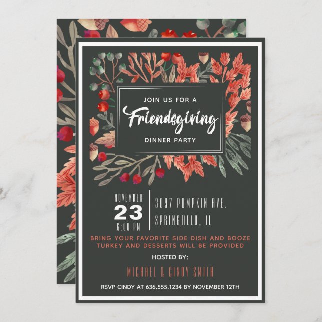 Invitación Amigosgiving de Acuarela de Follaje de Otoño (Anverso / Reverso)