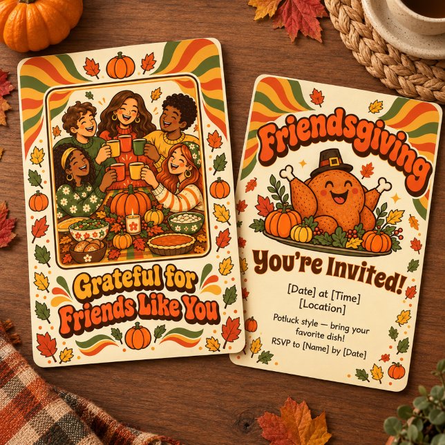 Invitación Amigosgiving Groovy Retro Pavo Potluck (Celebrate friendship with this groovy retro Friendsgiving invitation in cozy autumn colors! 🍂🦃)