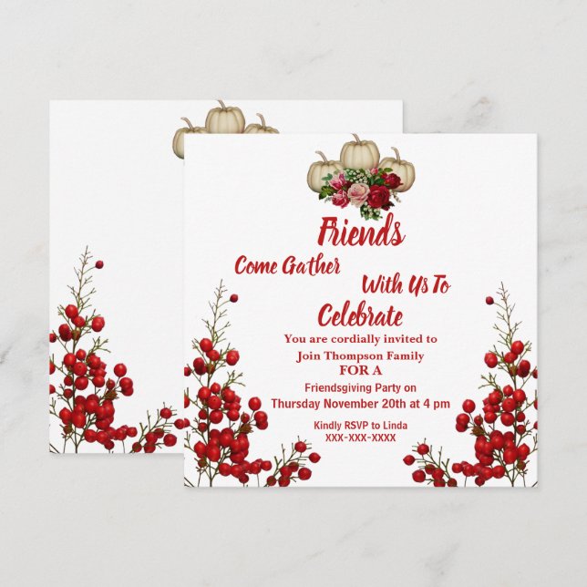 Invitación Amistad Caída Otoño Calabazas Rosas Berries (Anverso / Reverso)