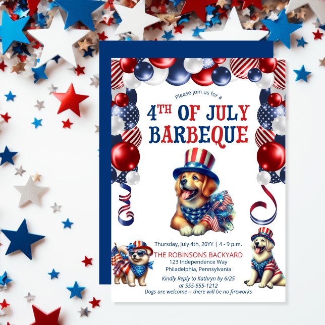 Invitación Amistad con los perros sin fuegos artificiales 4 d (Balloon Arch and Cute Cool Dogs No Fireworks Pet Friendly 4th of July BBQ Invitation)
