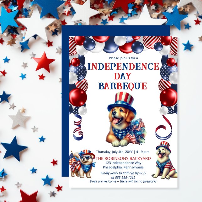 Invitación Amistad con los perros sin fuegos artificiales 4 d (Balloon Arch Cute Dogs Dog-Friendly Independence Day BBQ July 4 Invitation)