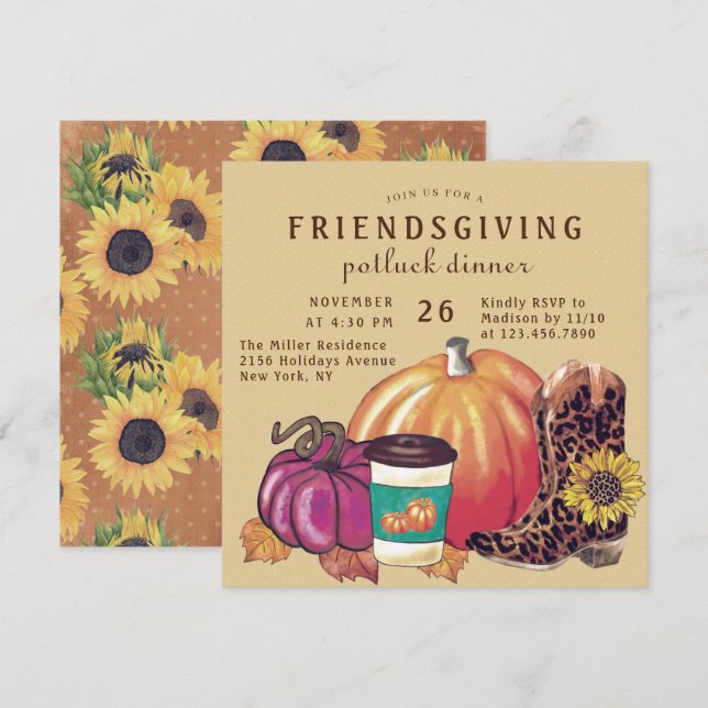 Invitación Amistad Potluck Cena Calabaza de girasol (Anverso / Reverso)