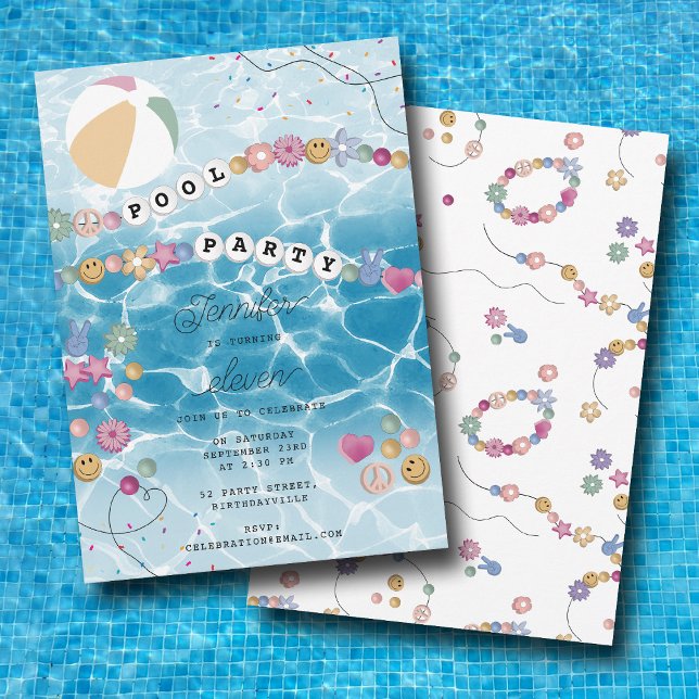 Invitación Amistad Pulsera Chica Piscina Natación Fiesta de C (Friendship Bracelet Girl Pool Swim Birthday Party Invitation)