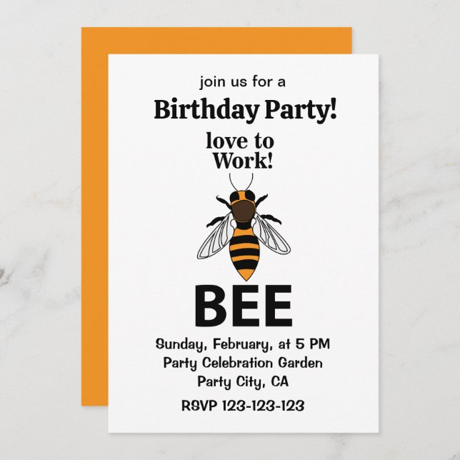 Invitación Amo A Trabajar Abeja Cumpleaños (Anverso / Reverso)