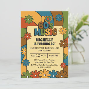 Invitación Amo la música de los 60 Fiesta Retro Vintage Cumpl