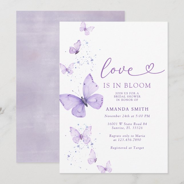 Invitación Amor A La Mariposa Lilac En La Ducha De Novias En  (Anverso / Reverso)