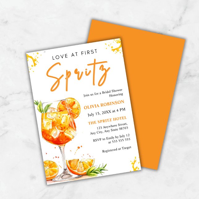 Invitación Amor a Primera Copa Spritz Cóctel Naranja Despedid (Love at First Spritz Cocktail Orange Bridal Shower Invitation )