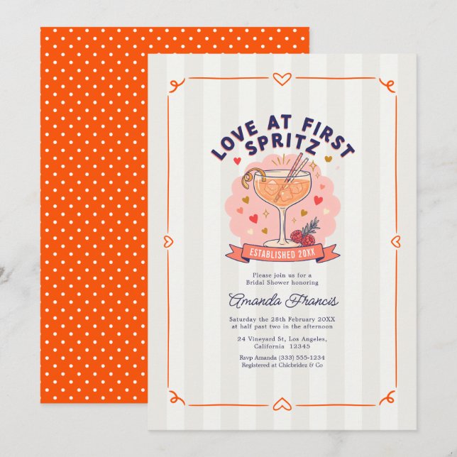 Invitación Amor a Primera Spritz Fiesta de Despedida de Solte (Anverso / Reverso)