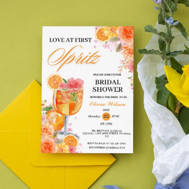 Invitación Amor al primer Spritz Despedida de Soltera en Acua (Love at First Spritz Bridal Shower cocktail drink modern elegant chic citrus orange watercolor summe)