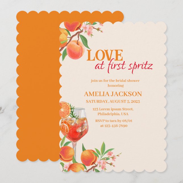 Invitación Amor al primer spritz naranja floral ducha de novi (Anverso / Reverso)