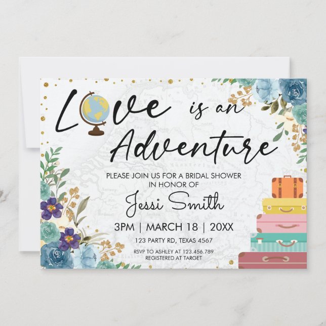 Invitación Amor Aventura Maleta Azul Floral Ducha de novia (Anverso)