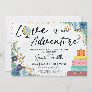 Invitación Amor Aventura Maleta Azul Floral Ducha de novia