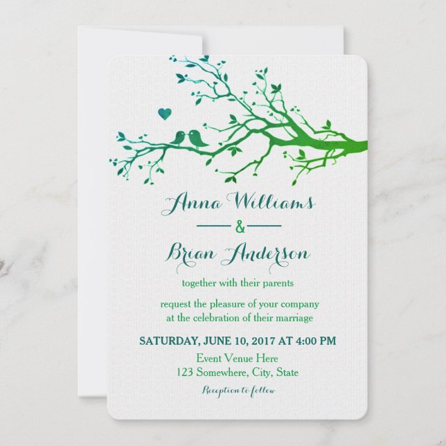 Invitación Amor Aves Branches Green Hues Wedding Invite (Anverso)