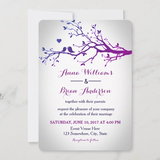 Invitación Amor Aves ramas Púrpura y Boda de Marina Invitan (Anverso)