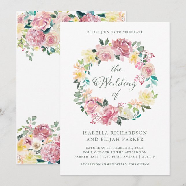 Invitación Amor bendito | Boda floral rosa acuarela (Anverso / Reverso)