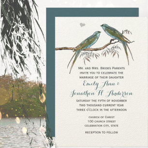 Invitación Amor Bird Blue Green Forest Willow Grove Boda