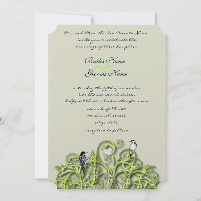 Invitación Amor Bird Green Swirl Tree Wedting Felt (Reverso)