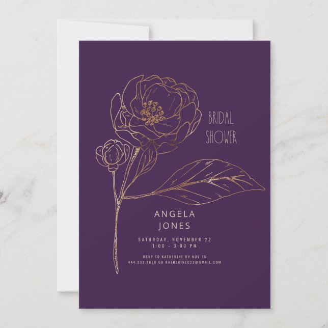 Invitación Amor Blooming Plum Gold Floral Bridal Shower (Anverso)