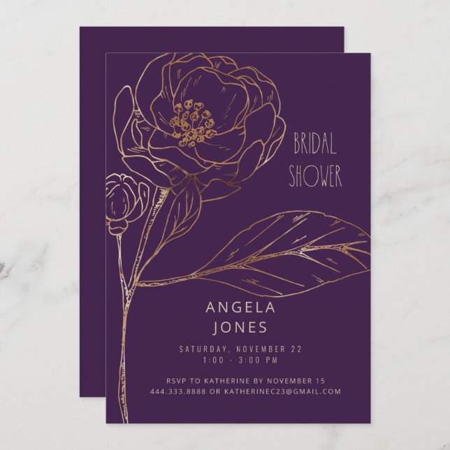 Invitación Amor Blooming Plum Gold Floral Bridal Shower (Anverso / Reverso)