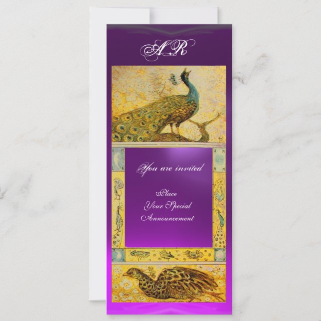 Invitación AMOR boda PEACOCKS MONOGRAM amarillo morado (Anverso)