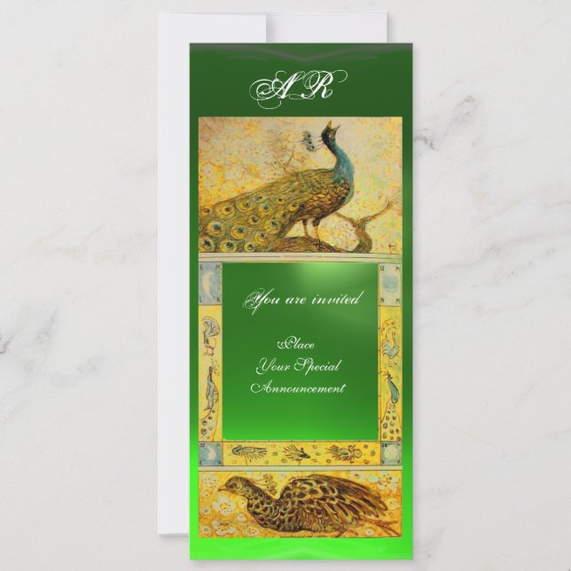 Invitación AMOR boda PEACOCKS MONOGRAM, amarillo verde marrón (Anverso)