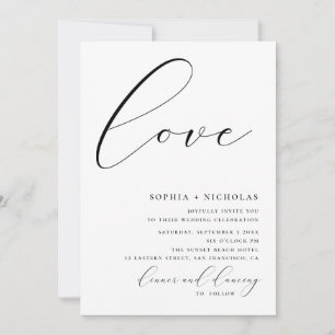 Invitación Amor. Boda simple de caligrafía en blanco y negro