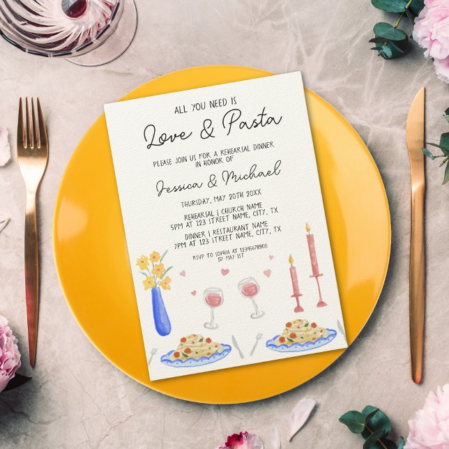 Invitación Amor caprichoso y Pasta Ensayo italiano Cena (colorful watercolor illustration of italian pasta dinner)