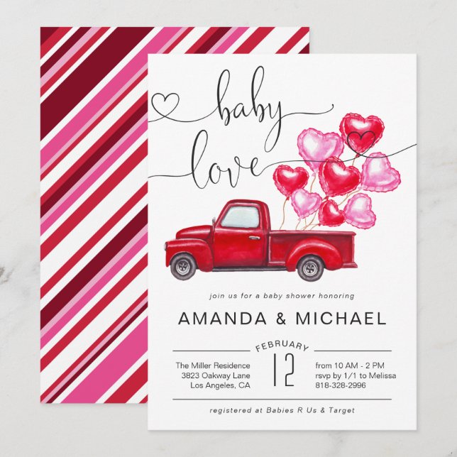Invitación Amor de bebé | Red Truck Heart Balloons Baby Showe (Anverso / Reverso)