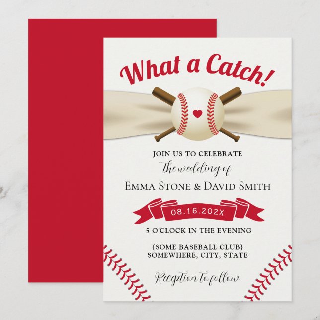 Invitación Amor de Béisbol Elegante Boda Deportivo Rojo (Anverso / Reverso)