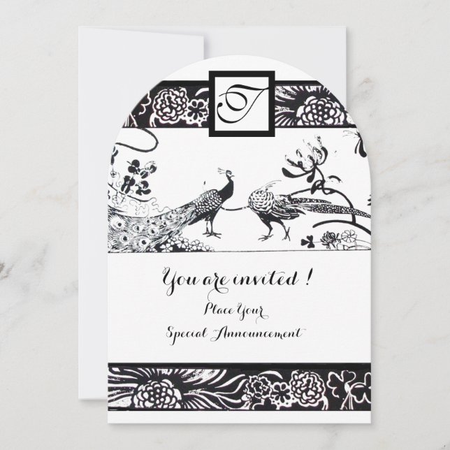 Invitación AMOR DE BODAS AVES CUADRADO MONOGRAMA Negro,Blanco (Anverso)
