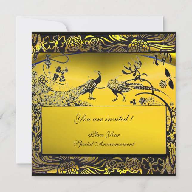Invitación AMOR DE BODAS AVES ,negro y blanco ,amarillo (Anverso)