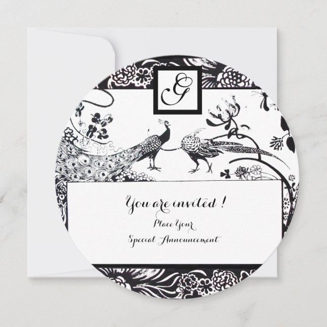 Invitación AMOR DE BODAS MONOGRAMA DE AVES Black,White Círcul (Anverso)